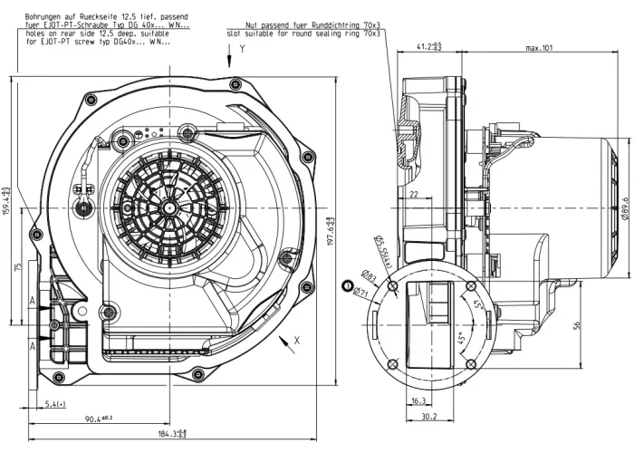 Габаритные размеры центробежного вентилятора RG148/1200-3633-010204 KT – 230 V Ebmpapst