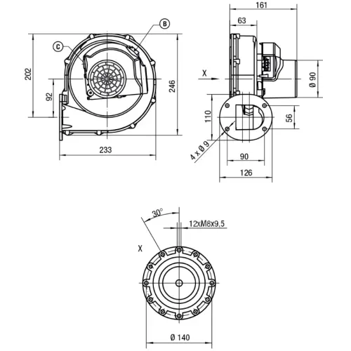 Габаритные размеры центробежного вентилятора RG175/2000-3633-010204 Ebmpapst
